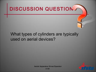 DISCUSSION QUESTION
What types of cylinders are typically
used on aerial devices?
3–54
Aerial Apparatus Driver/Operator
 