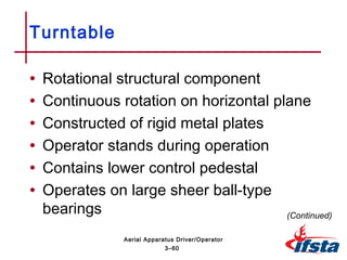 • Rotational structural component
• Continuous rotation on horizontal plane
• Constructed of rigid metal plates
• Operator stands during operation
• Contains lower control pedestal
• Operates on large sheer ball-type
bearings
Turntable
(Continued)
3–60
Aerial Apparatus Driver/Operator
 