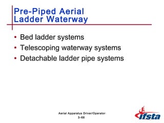 • Bed ladder systems
• Telescoping waterway systems
• Detachable ladder pipe systems
Pre-Piped Aerial
Ladder Waterway
3–68
Aerial Apparatus Driver/Operator
 