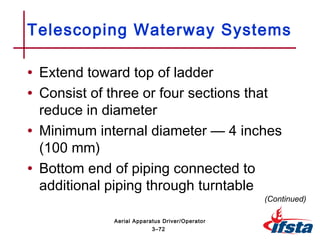 • Extend toward top of ladder
• Consist of three or four sections that
reduce in diameter
• Minimum internal diameter — 4 inches
(100 mm)
• Bottom end of piping connected to
additional piping through turntable
Telescoping Waterway Systems
(Continued)
3–72
Aerial Apparatus Driver/Operator
 