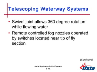 • Swivel joint allows 360 degree rotation
while flowing water
• Remote controlled fog nozzles operated
by switches located near tip of fly
section
Telescoping Waterway Systems
(Continued)
3–73
Aerial Apparatus Driver/Operator
 