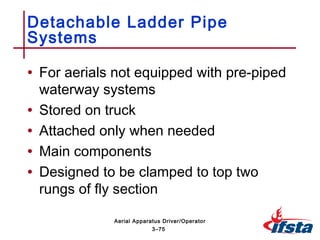 • For aerials not equipped with pre-piped
waterway systems
• Stored on truck
• Attached only when needed
• Main components
• Designed to be clamped to top two
rungs of fly section
Detachable Ladder Pipe
Systems
3–75
Aerial Apparatus Driver/Operator
 