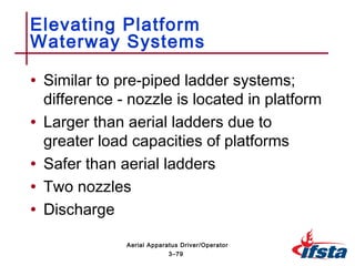 • Similar to pre-piped ladder systems;
difference - nozzle is located in platform
• Larger than aerial ladders due to
greater load capacities of platforms
• Safer than aerial ladders
• Two nozzles
• Discharge
Elevating Platform
Waterway Systems
3–79
Aerial Apparatus Driver/Operator
 