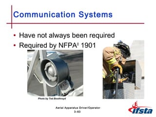 • Have not always been required
• Required by NFPA®
1901
Communication Systems
3–83
Aerial Apparatus Driver/Operator
Photo by Ted Boothroyd
 
