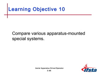 Compare various apparatus-mounted
special systems.
Learning Objective 10
3–86
Aerial Apparatus Driver/Operator
 