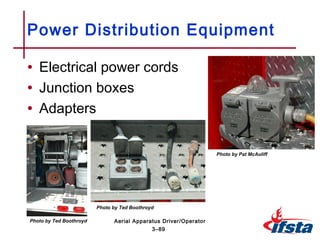 • Electrical power cords
• Junction boxes
• Adapters
Power Distribution Equipment
3–89
Aerial Apparatus Driver/Operator
Photo by Pat McAuliff
Photo by Ted Boothroyd
Photo by Ted Boothroyd
 