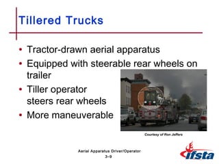 • Tractor-drawn aerial apparatus
• Equipped with steerable rear wheels on
trailer
• Tiller operator
steers rear wheels
• More maneuverable
Tillered Trucks
3–9
Aerial Apparatus Driver/Operator
Courtesy of Ron Jeffers
 