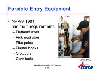 • NFPA®
1901
minimum requirements
– Flathead axes
– Pickhead axes
– Pike poles
– Plaster hooks
– Crowbars
– Claw tools
Forcible Entry Equipment
(Continued)
3–95
Aerial Apparatus Driver/Operator
 