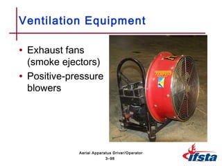 • Exhaust fans
(smoke ejectors)
• Positive-pressure
blowers
Ventilation Equipment
3–98
Aerial Apparatus Driver/Operator
 