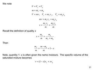 21
We note
V V V
m m m
V mv V m v V m v
f g
f g
f f f g g g
= +
= +
= = =, ,
mv m v m v
v
m v
m
m v
m
f f g g
f f g g
= +
= +
Recall the definition of quality x
x
m
m
m
m m
g g
f g
= =
+
Then
m
m
m m
m
x
f g
=
−
= −1
Note, quantity 1- x is often given the name moisture. The specific volume of the
saturated mixture becomes
v x v xvf g= − +( )1
 