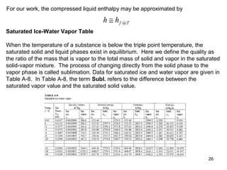 26
For our work, the compressed liquid enthalpy may be approximated by
h hf T≅ @
Saturated Ice-Water Vapor Table
When the temperature of a substance is below the triple point temperature, the
saturated solid and liquid phases exist in equilibrium. Here we define the quality as
the ratio of the mass that is vapor to the total mass of solid and vapor in the saturated
solid-vapor mixture. The process of changing directly from the solid phase to the
vapor phase is called sublimation. Data for saturated ice and water vapor are given in
Table A-8. In Table A-8, the term Subl. refers to the difference between the
saturated vapor value and the saturated solid value.
 