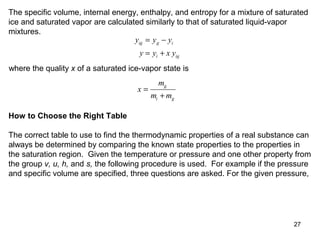 27
The specific volume, internal energy, enthalpy, and entropy for a mixture of saturated
ice and saturated vapor are calculated similarly to that of saturated liquid-vapor
mixtures.
y y y
y y x y
ig g i
i ig
= −
= +
where the quality x of a saturated ice-vapor state is
x
m
m m
g
i g
=
+
How to Choose the Right Table
The correct table to use to find the thermodynamic properties of a real substance can
always be determined by comparing the known state properties to the properties in
the saturation region. Given the temperature or pressure and one other property from
the group v, u, h, and s, the following procedure is used. For example if the pressure
and specific volume are specified, three questions are asked. For the given pressure,
 