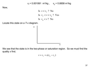 37
vf = 0.001061 m3
/kg , vg = 0.8858 m3
/kg
Now,
Is ? No
Is ? Yes
Is ? No
v v
v v v
v v
f
f g
g
<
< <
<
Locate this state on a T-v diagram.
T
v
We see that the state is in the two-phase or saturation region. So we must find the
quality x first.
v v x v vf g f= + −( )
 