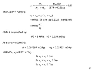 41
x
m
m m
kg
kg
g
f g
1
1
1 1
0 22
178 0 22
011=
+
=
+
=
.
( . . )
.
Then, at P = 700 kPa
1 1 1 1 1
3
( )
0.001108 (0.11)(0.2728 0.001108)
0.031
f g fv v x v v
m
kg
= + −
= + −
=
State 2 is specified by:
P2 = 8 MPa, v2 = 0.031 m3/kg
At 8 MPa = 8000 kPa,
vf = 0.001384 m3/kg vg = 0.02352 m3/kg
at 8 MPa, v2 = 0.031 m3
/kg.
Is ? No
Is ? No
Is ? Yes
v v
v v v
v v
f
f g
g
2
2
2
<
< <
<
 