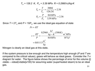 51
Tcr = 126.2 K, Pcr = 3.39 MPa R = 0.2968 kJ/kg-K
T
T
T
K
K
P
P
P
MPa
MPa
R
cr
R
cr
= = =
= = =
300
126 2
2 38
8 0
339
2 36
.
.
.
.
.
Since T > 2Tcr and P < 10Pcr, we use the ideal gas equation of state
Pv RT
v
RT
P
kJ
kg K
K
MPa
m MPa
kJ
m
kg
=
= =
−
=
0 2968 300
8 0 10
0 01113
3
3
3
. ( )
.
.
Nitrogen is clearly an ideal gas at this state.
If the system pressure is low enough and the temperature high enough (P and T are
compared to the critical values), gases will behave as ideal gases. Consider the T-v
diagram for water. The figure below shows the percentage of error for the volume ([|
vtable – videal|/vtable]x100) for assuming water (superheated steam) to be an ideal
gas.
 