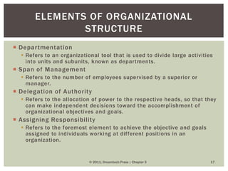  Departmentation
 Refers to an organizational tool that is used to divide large activities
into units and subunits, known as departments.
 Span of Management
 Refers to the number of employees supervised by a superior or
manager.
 Delegation of Authority
 Refers to the allocation of power to the respective heads, so that they
can make independent decisions toward the accomplishment of
organizational objectives and goals.
 Assigning Responsibility
 Refers to the foremost element to achieve the objective and goals
assigned to individuals working at different positions in an
organization.
© 2011, Dreamtech Press :: Chapter 3 17
ELEMENTS OF ORGANIZATIONAL
STRUCTURE
 