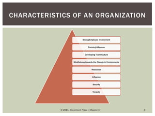 Strong Employee Involvement
Forming Alliances
Developing Team Culture
Mindfulness towards the Change in Environments
Resources
Influence
Security
Tenacity
© 2011, Dreamtech Press :: Chapter 3 3
CHARACTERISTICS OF AN ORGANIZATION
 