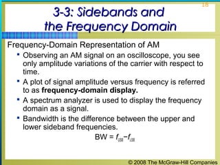 © 2008 The McGraw-Hill Companies
18
3-3: Sidebands and3-3: Sidebands and
the Frequency Domainthe Frequency Domain
Frequency-Domain Representation of AM
 Observing an AM signal on an oscilloscope, you see
only amplitude variations of the carrier with respect to
time.
 A plot of signal amplitude versus frequency is referred
to as frequency-domain display.
 A spectrum analyzer is used to display the frequency
domain as a signal.
 Bandwidth is the difference between the upper and
lower sideband frequencies.
BW = fUSB−fLSB
 