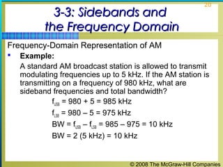 © 2008 The McGraw-Hill Companies
20
3-3: Sidebands and3-3: Sidebands and
the Frequency Domainthe Frequency Domain
Frequency-Domain Representation of AM
 Example:
A standard AM broadcast station is allowed to transmit
modulating frequencies up to 5 kHz. If the AM station is
transmitting on a frequency of 980 kHz, what are
sideband frequencies and total bandwidth?
fUSB = 980 + 5 = 985 kHz
fLSB = 980 – 5 = 975 kHz
BW = fUSB – fLSB = 985 – 975 = 10 kHz
BW = 2 (5 kHz) = 10 kHz
 