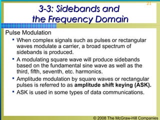 © 2008 The McGraw-Hill Companies
21
3-3: Sidebands and3-3: Sidebands and
the Frequency Domainthe Frequency Domain
Pulse Modulation
 When complex signals such as pulses or rectangular
waves modulate a carrier, a broad spectrum of
sidebands is produced.
 A modulating square wave will produce sidebands
based on the fundamental sine wave as well as the
third, fifth, seventh, etc. harmonics.
 Amplitude modulation by square waves or rectangular
pulses is referred to as amplitude shift keying (ASK).
 ASK is used in some types of data communications.
 