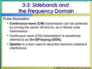 © 2008 The McGraw-Hill Companies
24
3-3: Sidebands and3-3: Sidebands and
the Frequency Domainthe Frequency Domain
Pulse Modulation
 Continuous-wave (CW) transmission can be achieved
by turning the carrier off and on, as in Morse code
transmission.
 Continuous wave (CW) transmission is sometimes
referred to as On-Off keying (OOK).
 Splatter is a term used to describe harmonic sideband
interference.
 
