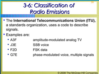 © 2008 The McGraw-Hill Companies
36
3-6: Classification of3-6: Classification of
Radio EmissionsRadio Emissions
 The International Telecommunications Union (ITU),
a standards organization, uses a code to describe
signals.
 Examples are:
 A3F amplitude-modulated analog TV
 J3E SSB voice
 F2D FSK data
 G7E phase-modulated voice, multiple signals
 