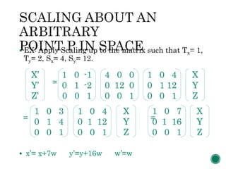  EX: Apply Scaling up to the matrix such that Tx= 1,
Ty= 2, Sx= 4, Sy= 12.
=
= =
 x’= x+7w y’=y+16w w’=w
1 0 -1
0 1 -2
0 0 1
X’
Y’
Z’
4 0 0
0 12 0
0 0 1
1 0 4
0 1 12
0 0 1
X
Y
Z
1 0 3
0 1 4
0 0 1
1 0 4
0 1 12
0 0 1
X
Y
Z
1 0 7
0 1 16
0 0 1
X
Y
Z
 