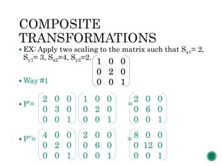  EX: Apply two scaling to the matrix such that Sx1= 2,
Sy1= 3, Sx2=4, Sy2=2.
 Way #1
 P’= =
 P’’= =
2 0 0
0 3 0
0 0 1
1 0 0
0 2 0
0 0 1
1 0 0
0 2 0
0 0 1
2 0 0
0 6 0
0 0 1
4 0 0
0 2 0
0 0 1
2 0 0
0 6 0
0 0 1
8 0 0
0 12 0
0 0 1
 