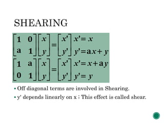  Off diagonal terms are involved in Shearing.
 y' depends linearly on x ; This effect is called shear.
 