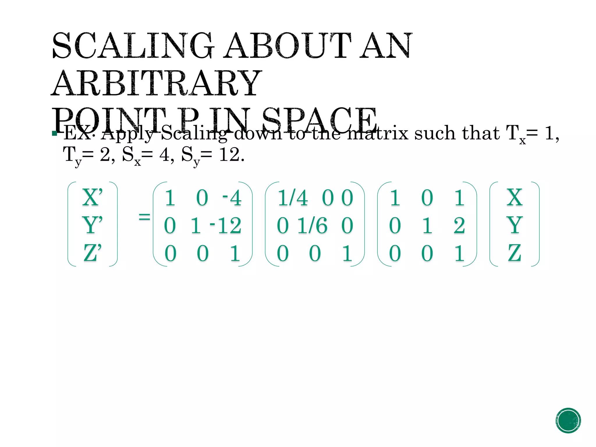  EX: Apply Scaling down to the matrix such that Tx= 1,
Ty= 2, Sx= 4, Sy= 12.
=
1 0 -4
0 1 -12
0 0 1
X’
Y’
Z’
1/4 0 0
0 1/6 0
0 0 1
1 0 1
0 1 2
0 0 1
X
Y
Z
 