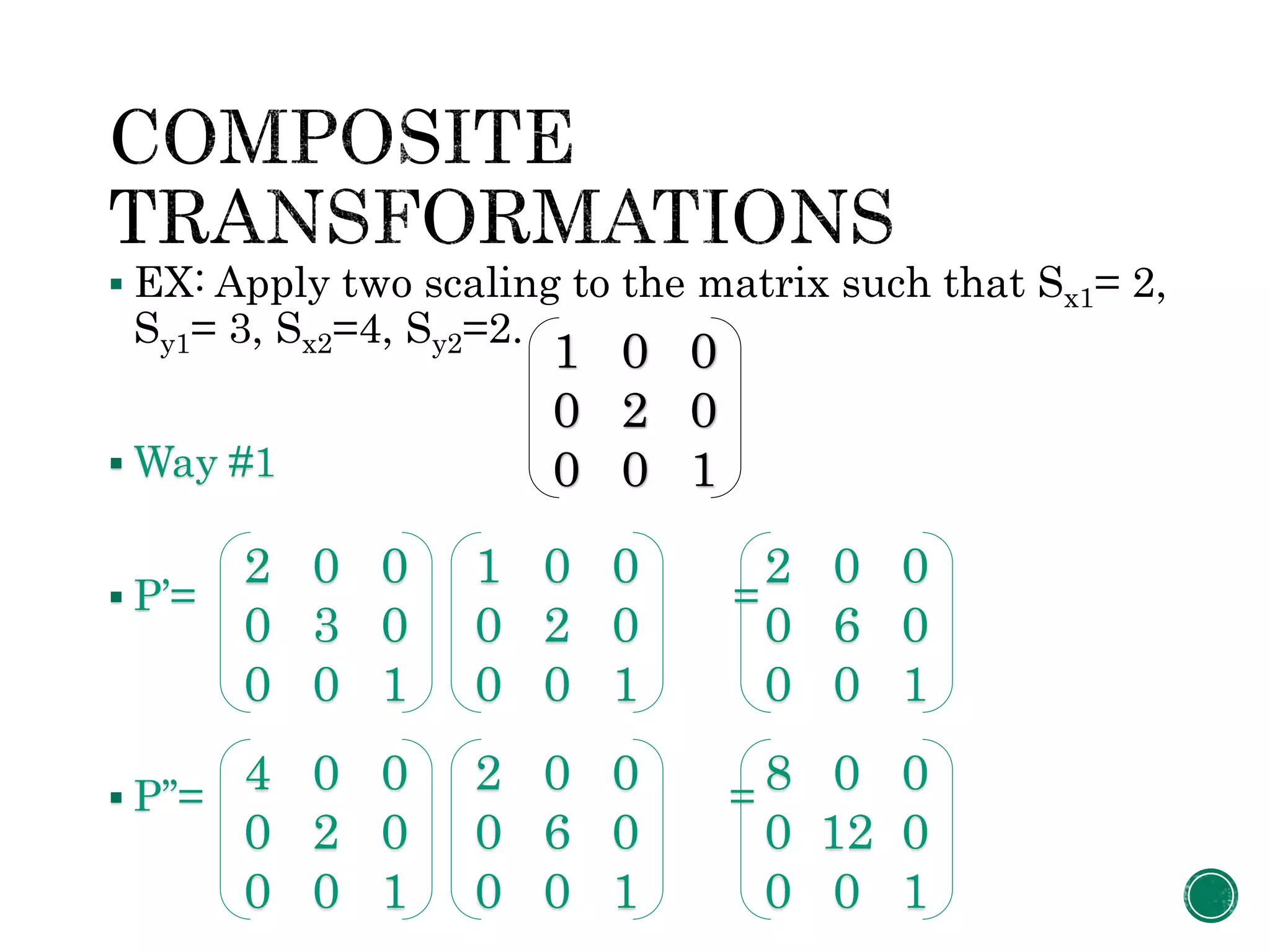  EX: Apply two scaling to the matrix such that Sx1= 2,
Sy1= 3, Sx2=4, Sy2=2.
 Way #1
 P’= =
 P’’= =
2 0 0
0 3 0
0 0 1
1 0 0
0 2 0
0 0 1
1 0 0
0 2 0
0 0 1
2 0 0
0 6 0
0 0 1
4 0 0
0 2 0
0 0 1
2 0 0
0 6 0
0 0 1
8 0 0
0 12 0
0 0 1
 