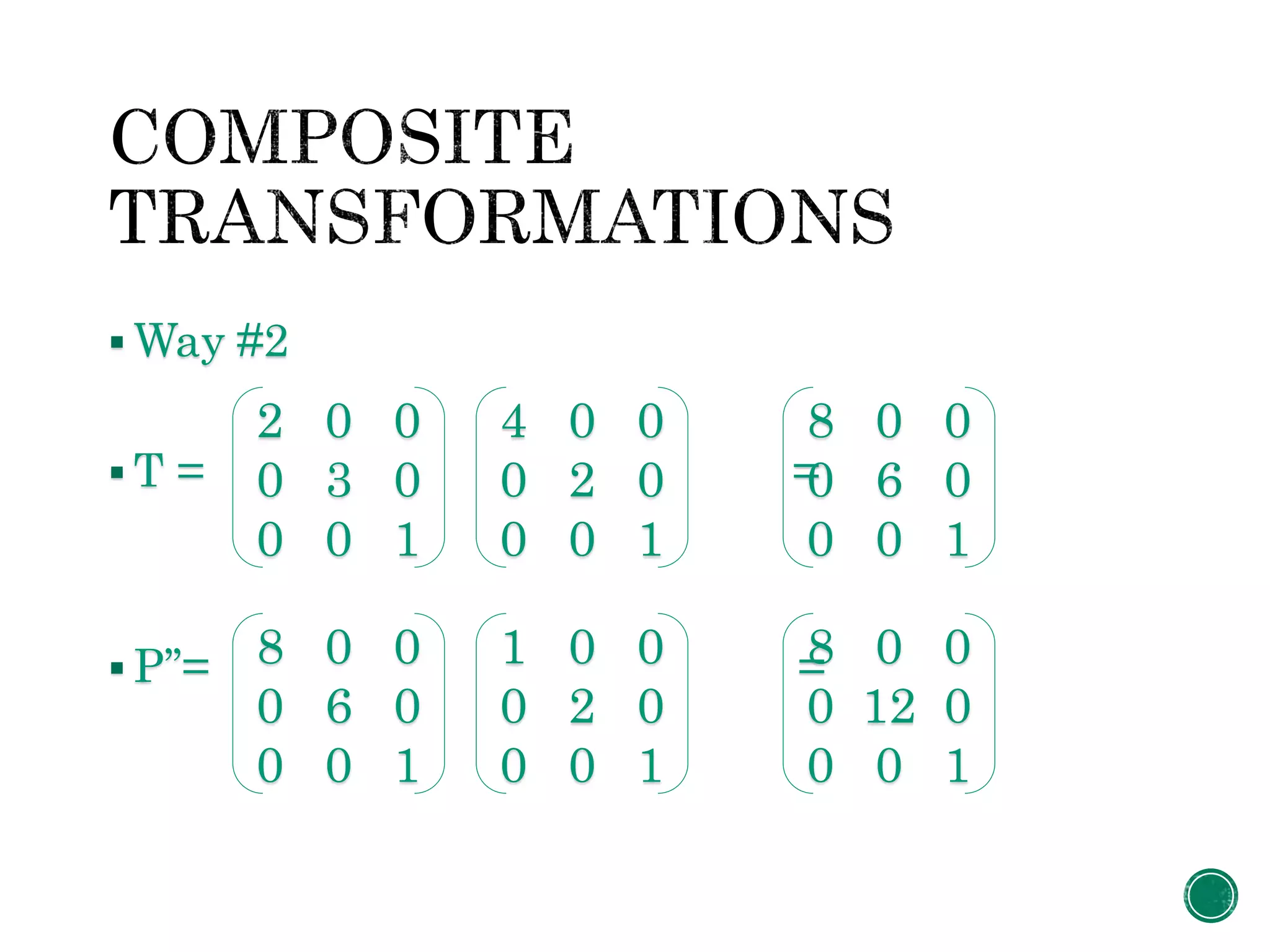  Way #2
 T = =
 P’’= =
2 0 0
0 3 0
0 0 1
4 0 0
0 2 0
0 0 1
8 0 0
0 6 0
0 0 1
8 0 0
0 6 0
0 0 1
1 0 0
0 2 0
0 0 1
8 0 0
0 12 0
0 0 1
 
