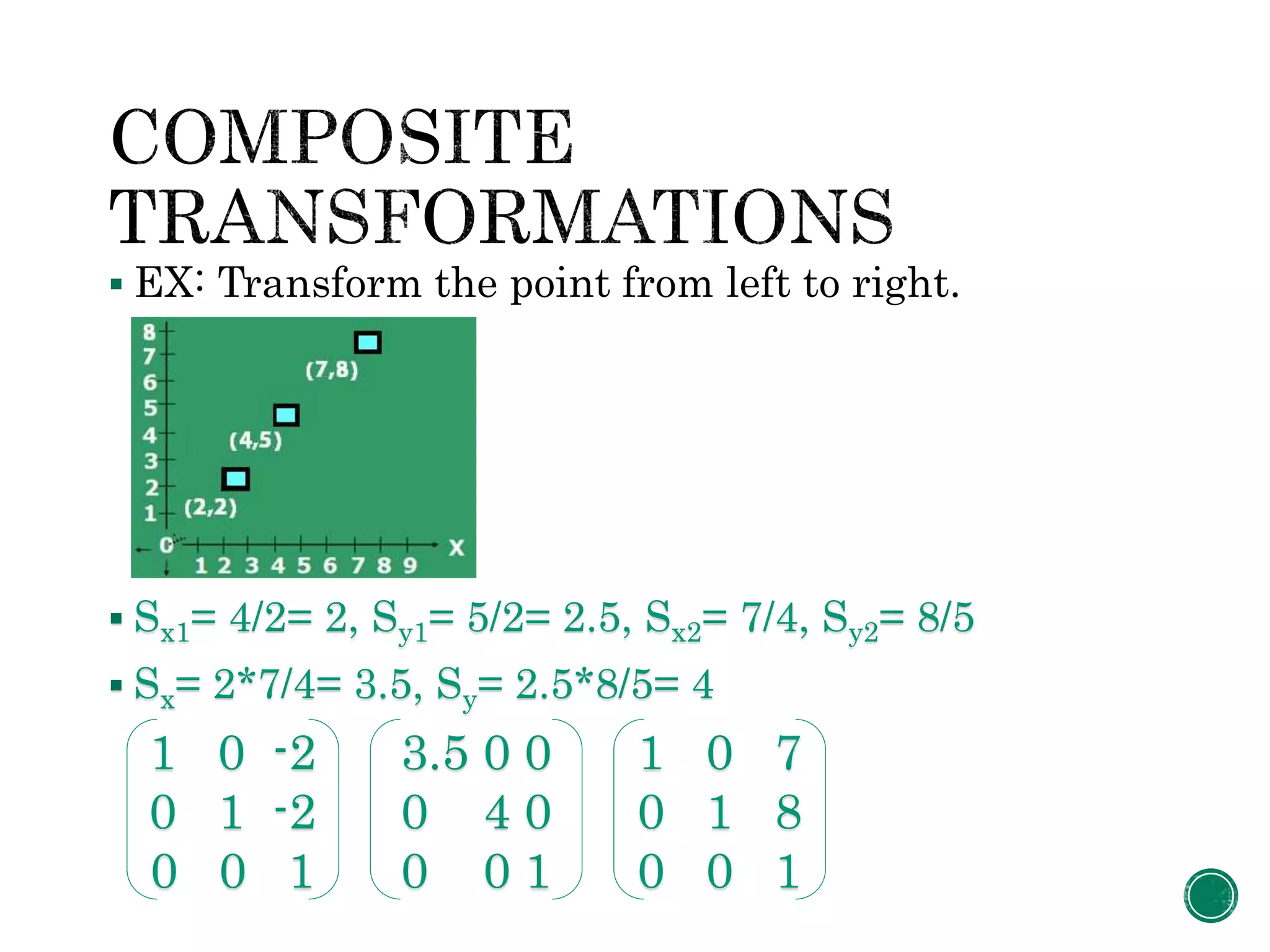  EX: Transform the point from left to right.
 Sx1= 4/2= 2, Sy1= 5/2= 2.5, Sx2= 7/4, Sy2= 8/5
 Sx= 2*7/4= 3.5, Sy= 2.5*8/5= 4
1 0 -2
0 1 -2
0 0 1
3.5 0 0
0 4 0
0 0 1
1 0 7
0 1 8
0 0 1
 