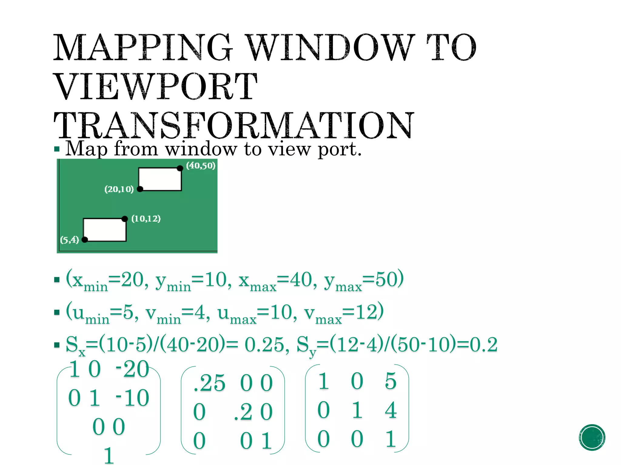  Map from window to view port.
 (xmin=20, ymin=10, xmax=40, ymax=50)
 (umin=5, vmin=4, umax=10, vmax=12)
 Sx=(10-5)/(40-20)= 0.25, Sy=(12-4)/(50-10)=0.2
1 0 -20
0 1 -10
0 0
1
.25 0 0
0 .2 0
0 0 1
1 0 5
0 1 4
0 0 1
 