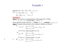 5 5
Example 1
Maximize
S.T :
Iteration # 1
Step 1: The system is in canonical form with respect to . Take
Notice that the current value of z= -1. (basic: , nonbasic: )
Step 2: Compute relative profits of the nonbasic variables, as follows:
1)
Z=5-7+4=2, relative profit=2-(-1)=3.
2)
Z=2-6+3=-1, relative profit=-1-(-1)=0.
3)
54321 325 xxxxxZ 
7x43x
822
5321
4321


xx
xxxx
7,8takeand,0 54321  xxxxx
.,, 321 xxx
11 x
54 , xx
54 , xx
4,7
73
8
54
51
41









xx
xx
xx
12 x 3,6
74
82
54
52
42









xx
xx
xx
13 x 6,6
7
82
54
53
43









xx
xx
xx
 