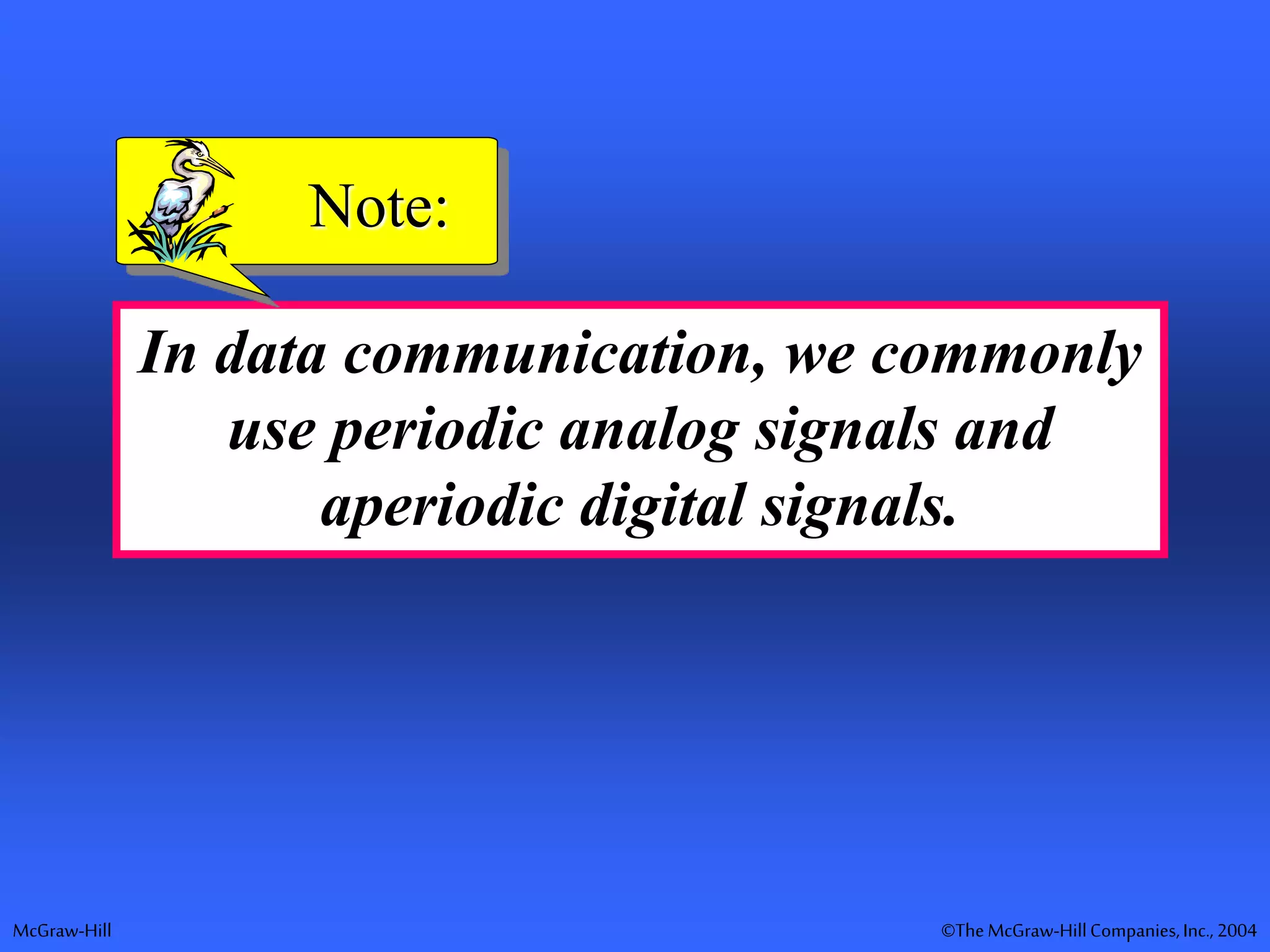 McGraw-Hill ©TheMcGraw-HillCompanies,Inc., 2004
In data communication, we commonly
use periodic analog signals and
aperiodic digital signals.
Note:
 