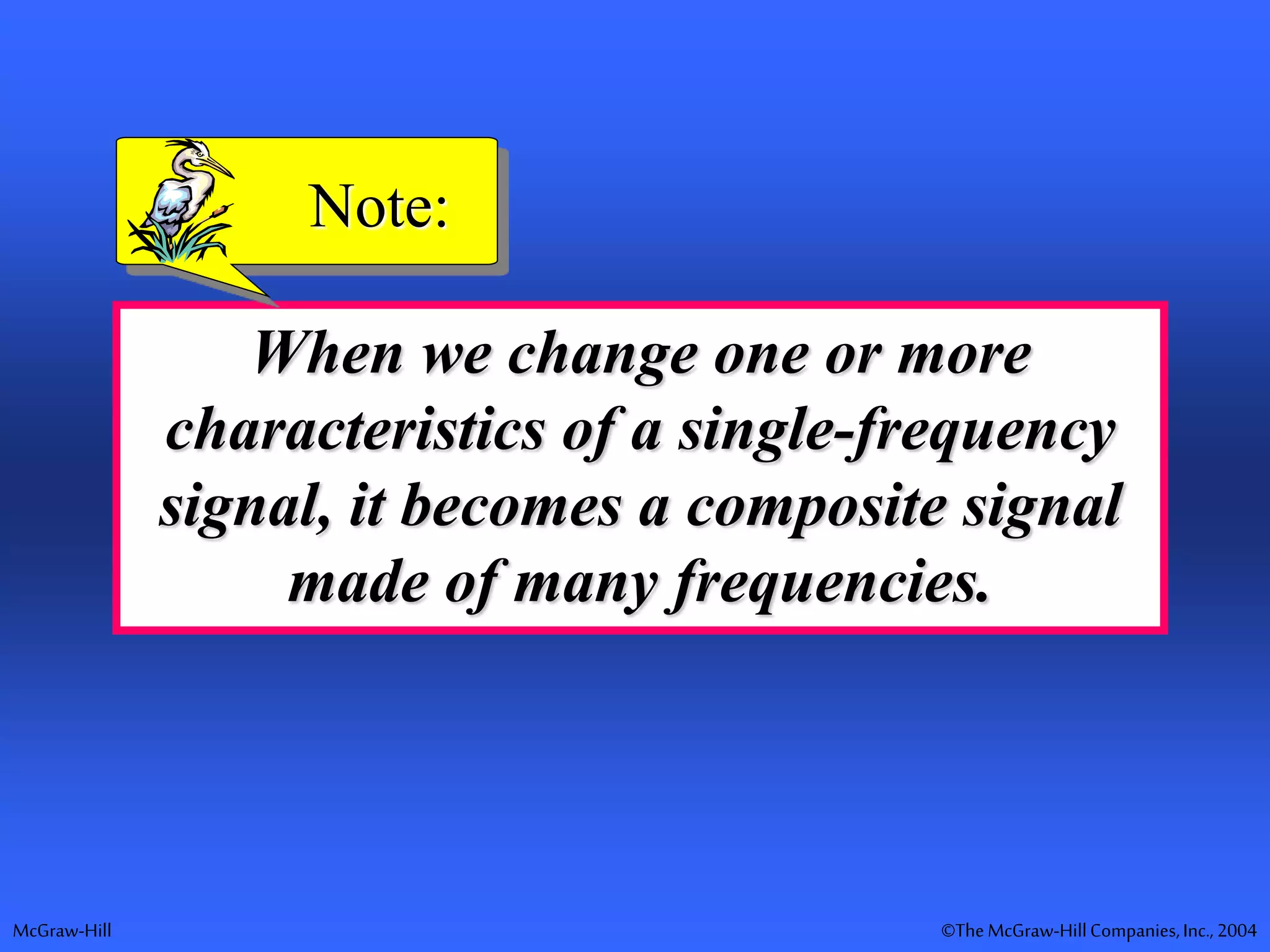 McGraw-Hill ©TheMcGraw-HillCompanies,Inc., 2004
When we change one or more
characteristics of a single-frequency
signal, it becomes a composite signal
made of many frequencies.
Note:
 