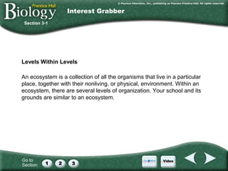 Interest Grabber
Section 3-1

Levels Within Levels
An ecosystem is a collection of all the organisms that live in a particular
place, together with their nonliving, or physical, environment. Within an
ecosystem, there are several levels of organization. Your school and its
grounds are similar to an ecosystem.

Go to
Section:

 