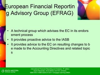 International Financial Reporting and Analysis, 5th edition
David Alexander, Anne Britton and Ann Jorissen
ISBN 978-1-4080-3228-2 © 2011 Cengage Learning EMEA
European Financial Reportin
g Advisory Group (EFRAG)
• A technical group which advises the EC in its endors
ement process
• It provides proactive advice to the IASB
• It provides advice to the EC on resulting changes to b
e made to the Accounting Directives and related topic
s
 