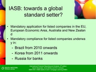 International Financial Reporting and Analysis, 5th edition
David Alexander, Anne Britton and Ann Jorissen
ISBN 978-1-4080-3228-2 © 2011 Cengage Learning EMEA
IASB: towards a global
standard setter?
• Mandatory application for listed companies in the EU,
European Economic Area, Australia and New Zealan
d
• Mandatory compliance for listed companies underwa
y in:
- Brazil from 2010 onwards
- Korea from 2011 onwards
- Russia for banks
 