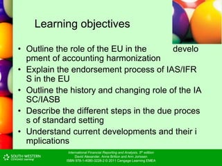 International Financial Reporting and Analysis, 5th edition
David Alexander, Anne Britton and Ann Jorissen
ISBN 978-1-4080-3228-2 © 2011 Cengage Learning EMEA
Learning objectives
• Outline the role of the EU in the develo
pment of accounting harmonization
• Explain the endorsement process of IAS/IFR
S in the EU
• Outline the history and changing role of the IA
SC/IASB
• Describe the different steps in the due proces
s of standard setting
• Understand current developments and their i
mplications
 
