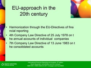 International Financial Reporting and Analysis, 5th edition
David Alexander, Anne Britton and Ann Jorissen
ISBN 978-1-4080-3228-2 © 2011 Cengage Learning EMEA
EU-approach in the
20th century
• Harmonization through the EU-Directives of fina
ncial reporting
• 4th Company Law Directive of 25 July 1978 on t
he annual accounts of individual companies
• 7th Company Law Directive of 13 June 1983 on t
he consolidated accounts
 