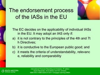 International Financial Reporting and Analysis, 5th edition
David Alexander, Anne Britton and Ann Jorissen
ISBN 978-1-4080-3228-2 © 2011 Cengage Learning EMEA
The endorsement process
of the IASs in the EU
The EC decides on the applicability of individual IASs
in the EU. It may adopt an IAS only if:
a) it is not contrary to the principles of the 4th and 7t
h Directives;
b) it is conductive to the European public good; and
c) it meets the criteria of understandability, relevanc
e, reliability and comparability
 