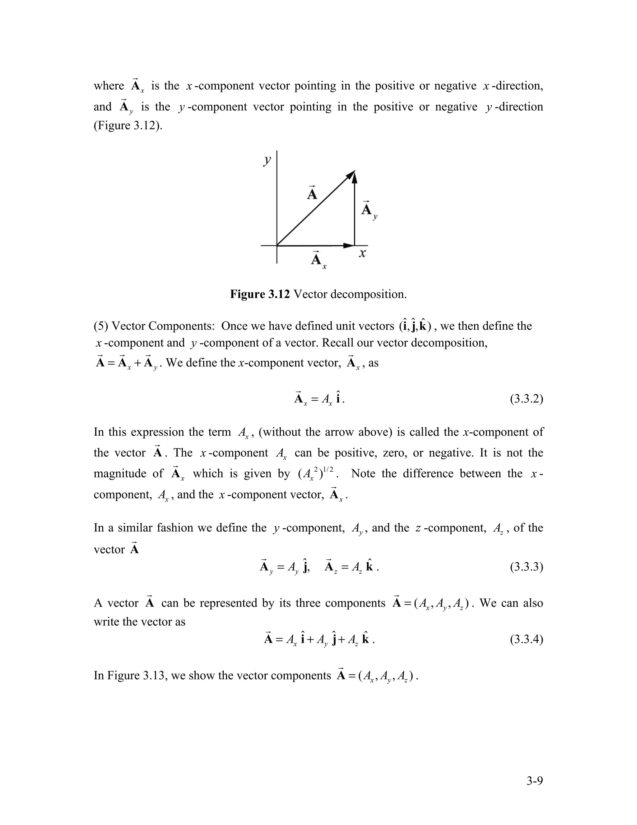 3-9
where x
A

is the x -component vector pointing in the positive or negative x -direction,
and y
A

is the y -component vector pointing in the positive or negative y -direction
(Figure 3.12).
Figure 3.12 Vector decomposition.
(5) Vector Components: Once we have defined unit vectors (î,ĵ,k̂) , we then define the
x -component and y -component of a vector. Recall our vector decomposition,
x y
= +
A A A
  
. We define the x-component vector, x
A

, as
ˆ
x x
A
=
A i

. (3.3.2)
In this expression the term x
A , (without the arrow above) is called the x-component of
the vector A

. The x -component x
A can be positive, zero, or negative. It is not the
magnitude of x
A

which is given by 2 1/ 2
( )
x
A . Note the difference between the x -
component, x
A , and the x -component vector, x
A

.
In a similar fashion we define the y -component, y
A , and the z -component, z
A , of the
vector A

ˆ ˆ
,
y y z z
A A
= =
A j A k
 
. (3.3.3)
A vector A

can be represented by its three components ( , , )
x y z
A A A
=
A

. We can also
write the vector as
ˆ ˆ ˆ
x y z
A A A
= + +
A i j k

. (3.3.4)
In Figure 3.13, we show the vector components ( , , )
x y z
A A A
=
A

.
 
