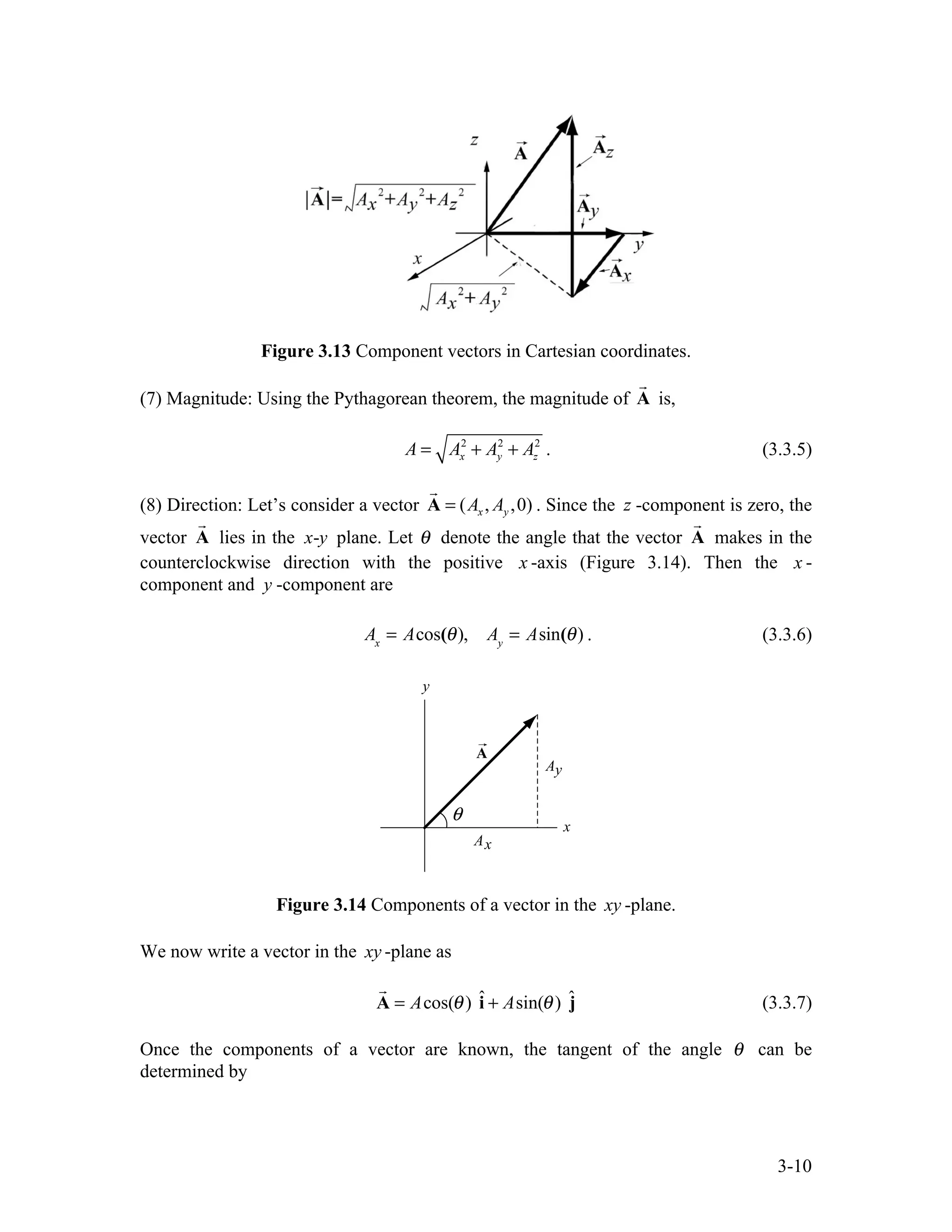 3-10
Figure 3.13 Component vectors in Cartesian coordinates.
(7) Magnitude: Using the Pythagorean theorem, the magnitude of A

is,
2 2 2
x y z
A A A A
= + + . (3.3.5)
(8) Direction: Let’s consider a vector ( , ,0)
x y
A A
=
A

. Since the z -component is zero, the
vector A

lies in the -
x y plane. Let θ denote the angle that the vector A

makes in the
counterclockwise direction with the positive x -axis (Figure 3.14). Then the x -
component and y -component are
Ax
= Acos(θ), Ay
= Asin(θ) . (3.3.6)
Figure 3.14 Components of a vector in the xy -plane.
We now write a vector in the xy -plane as
ˆ ˆ
cos( ) sin( )
A A
θ θ
= +
A i j

(3.3.7)
Once the components of a vector are known, the tangent of the angle θ can be
determined by
 