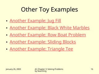 January 26, 2003 AI: Chapter 3: Solving Problems
by Searching
16
Other Toy Examples
• Another Example: Jug Fill
• Another Example: Black White Marbles
• Another Example: Row Boat Problem
• Another Example: Sliding Blocks
• Another Example: Triangle Tee
 