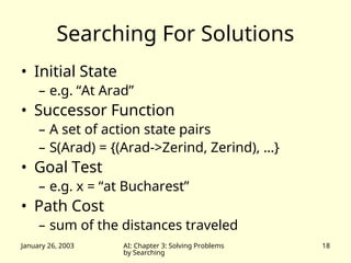 January 26, 2003 AI: Chapter 3: Solving Problems
by Searching
18
Searching For Solutions
• Initial State
– e.g. “At Arad”
• Successor Function
– A set of action state pairs
– S(Arad) = {(Arad->Zerind, Zerind), …}
• Goal Test
– e.g. x = “at Bucharest”
• Path Cost
– sum of the distances traveled
 