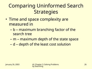 January 26, 2003 AI: Chapter 3: Solving Problems
by Searching
26
Comparing Uninformed Search
Strategies
• Time and space complexity are
measured in
– b – maximum branching factor of the
search tree
– m – maximum depth of the state space
– d – depth of the least cost solution
 