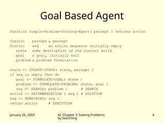 January 26, 2003 AI: Chapter 3: Solving Problems
by Searching
4
Goal Based Agent
Function Simple-Problem-Solving-Agent( percept ) returns action
Inputs: percept a percept
Static: seq an action sequence initially empty
state some description of the current world
goal a goal, initially null
problem a problem formulation
state <- UPDATE-STATE( state, percept )
if seq is empty then do
goal <- FORMULATE-GOAL( state )
problem <- FORMULATE-PROBLEM( state, goal )
seq <- SEARCH( problem ) # SEARCH
action <- RECOMMENDATION ( seq ) # SOLUTION
seq <- REMAINDER( seq )
return action # EXECUTION
 
