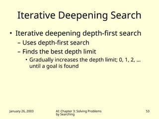 January 26, 2003 AI: Chapter 3: Solving Problems
by Searching
53
Iterative Deepening Search
• Iterative deepening depth-first search
– Uses depth-first search
– Finds the best depth limit
• Gradually increases the depth limit; 0, 1, 2, …
until a goal is found
 